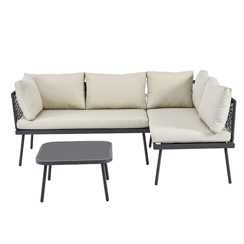 Modern Outdoor 3-Piece PE Rattan Sectional Sofa Set with Cushions and Glass Table
