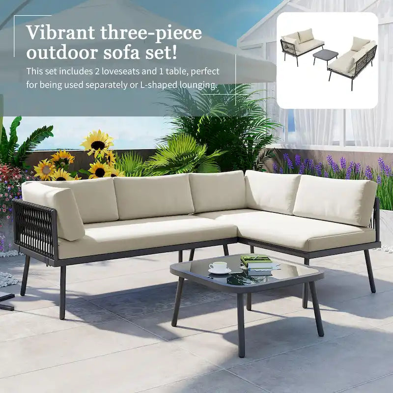 Modern Outdoor 3-Piece PE Rattan Sectional Sofa Set with Cushions and Glass Table