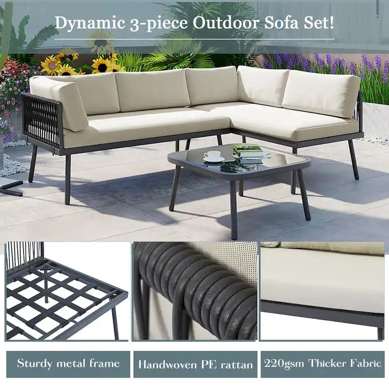 Modern Outdoor 3-Piece PE Rattan Sectional Sofa Set with Cushions and Glass Table