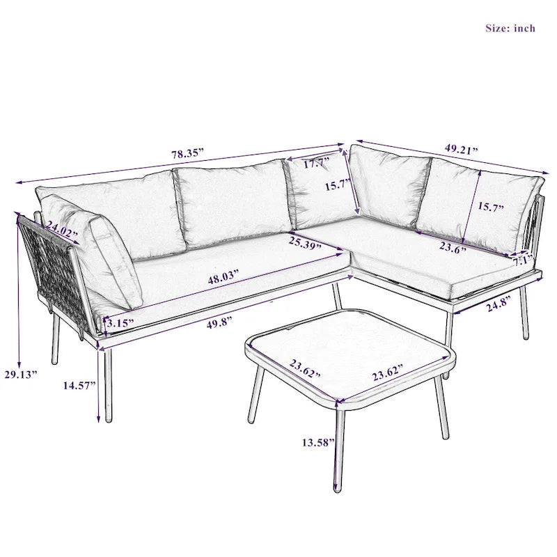 Modern Outdoor 3-Piece PE Rattan Sectional Sofa Set with Cushions and Glass Table