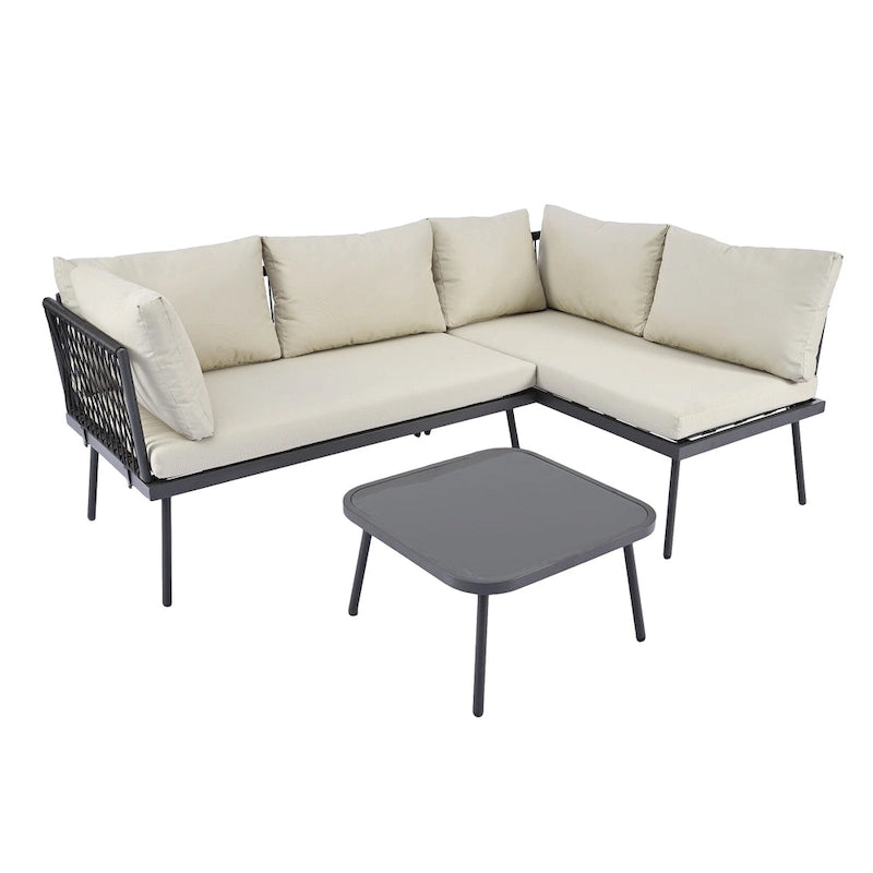 Modern Outdoor 3-Piece PE Rattan Sectional Sofa Set with Cushions and Glass Table