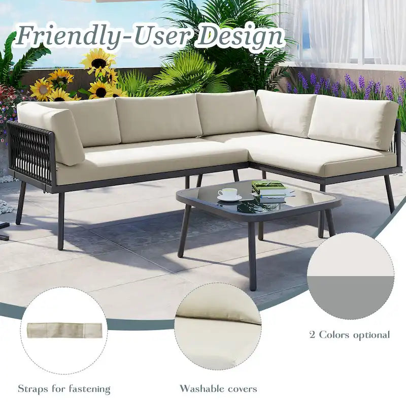 Modern Outdoor 3-Piece PE Rattan Sectional Sofa Set with Cushions and Glass Table