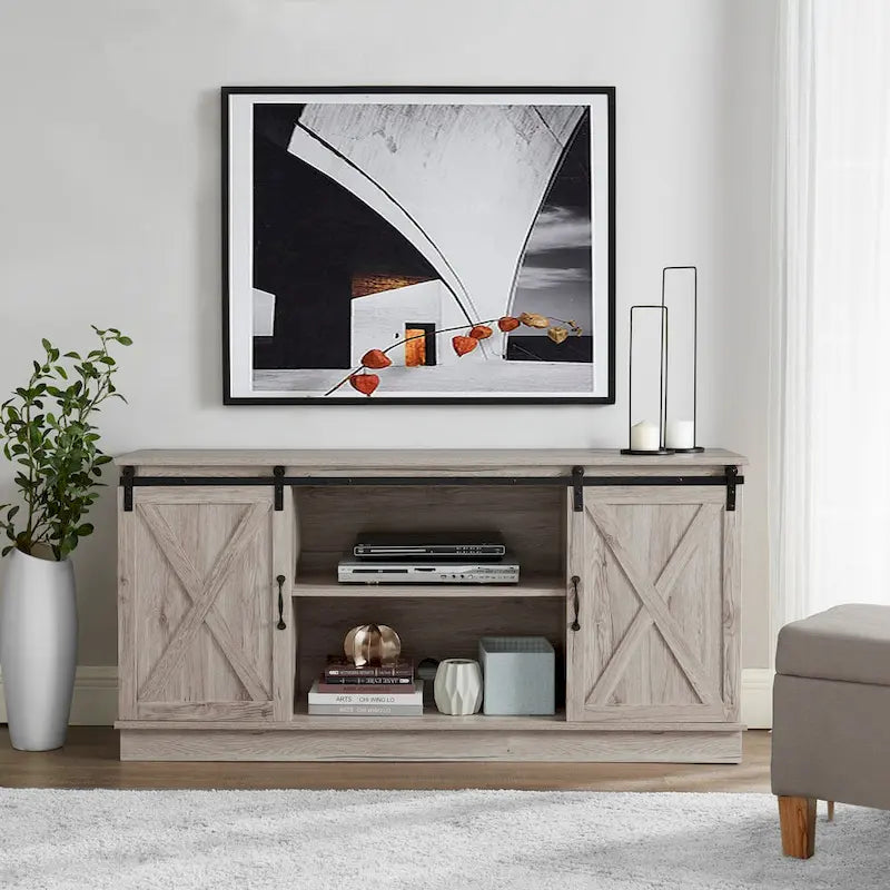 Farmhouse Rustic Wooden 60 TV Stand with Storage Console Cabinet, Sliding Barn Doors Entertainment Center