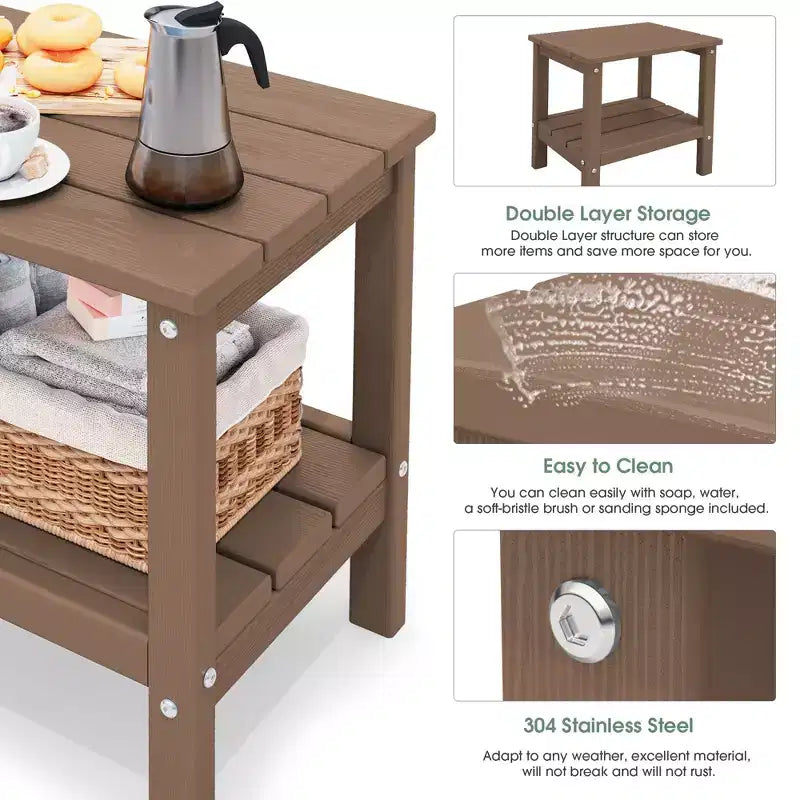 Hyleory Double-Tier Patio Adirondack Side Table, Outdoor HDPE Square End Table