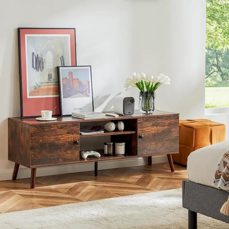 Meuble TV pour téléviseur 55 60 pouces, Meuble TV avec placard de rangement, Table console média de style moderne du milieu du siècle, Charnière réglable