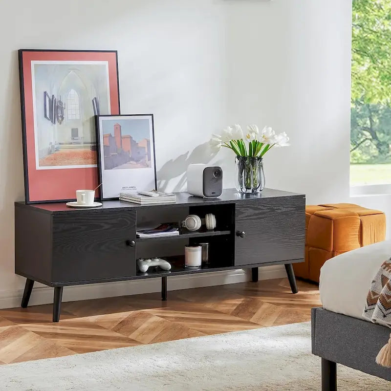 Meuble TV pour téléviseur 55 60 pouces, Meuble TV avec placard de rangement, Table console média de style moderne du milieu du siècle, Charnière réglable
