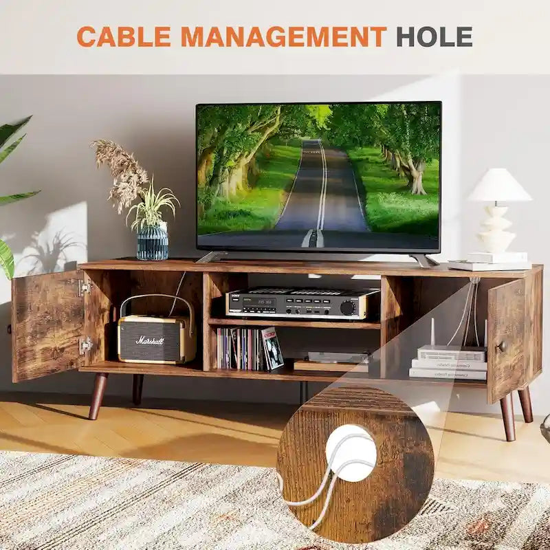Meuble TV pour téléviseur 55 60 pouces, Meuble TV avec placard de rangement, Table console média de style moderne du milieu du siècle, Charnière réglable