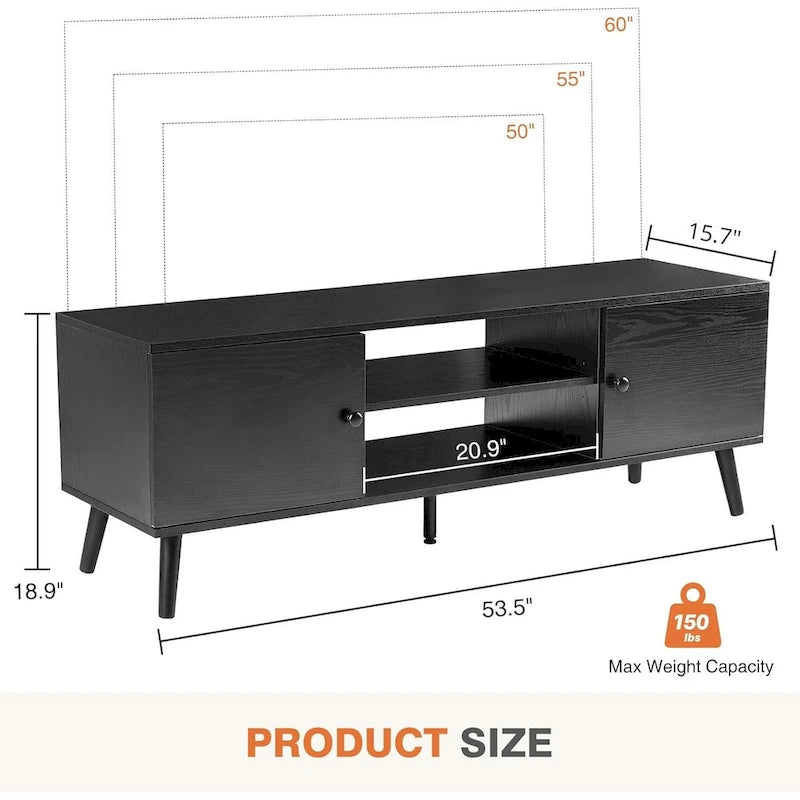 Meuble TV pour téléviseur 55 60 pouces, Meuble TV avec placard de rangement, Table console média de style moderne du milieu du siècle, Charnière réglable