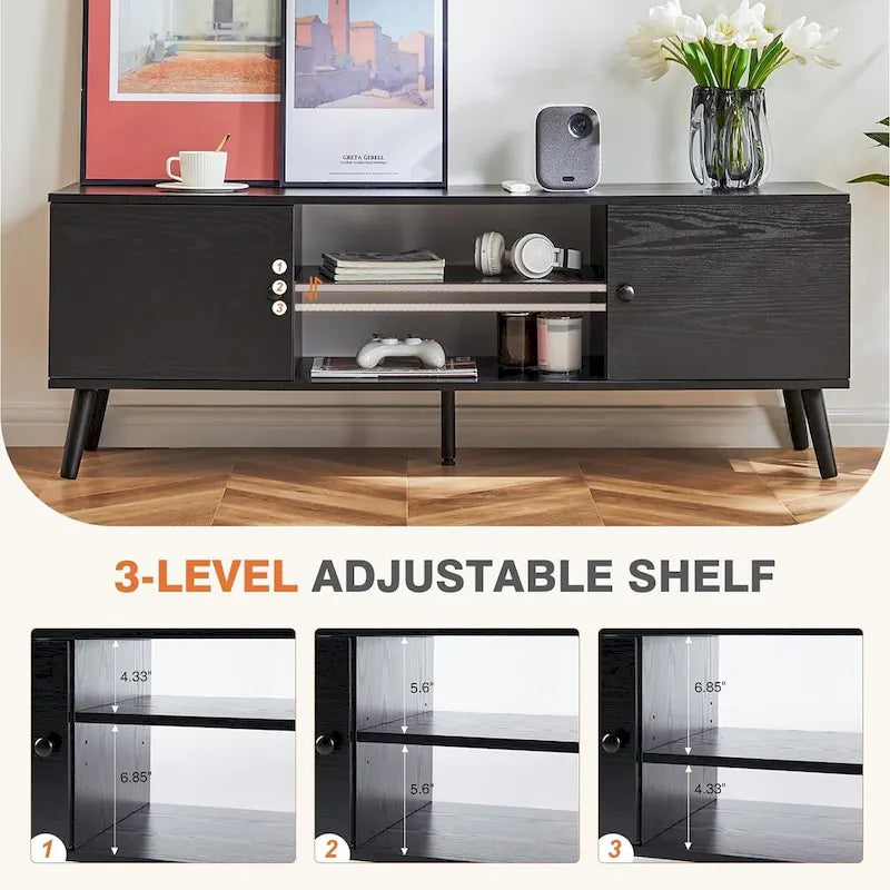 Meuble TV pour téléviseur 55 60 pouces, Meuble TV avec placard de rangement, Table console média de style moderne du milieu du siècle, Charnière réglable