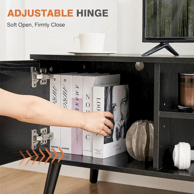 Meuble TV pour téléviseur 55 60 pouces, Meuble TV avec placard de rangement, Table console média de style moderne du milieu du siècle, Charnière réglable