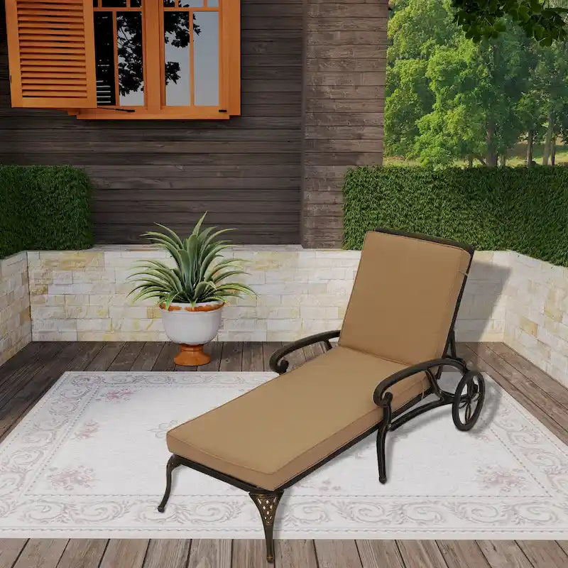 Clihome Cast Aluminum Patio Reclining Chaise Lounge with Brown Cushion