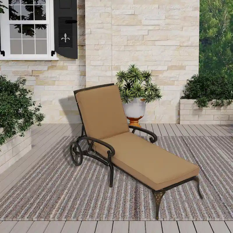 Clihome Cast Aluminum Patio Reclining Chaise Lounge with Brown Cushion