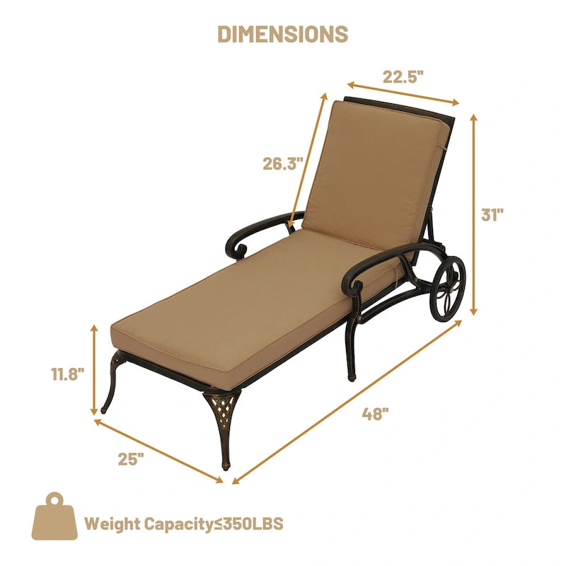 Clihome Cast Aluminum Patio Reclining Chaise Lounge with Brown Cushion