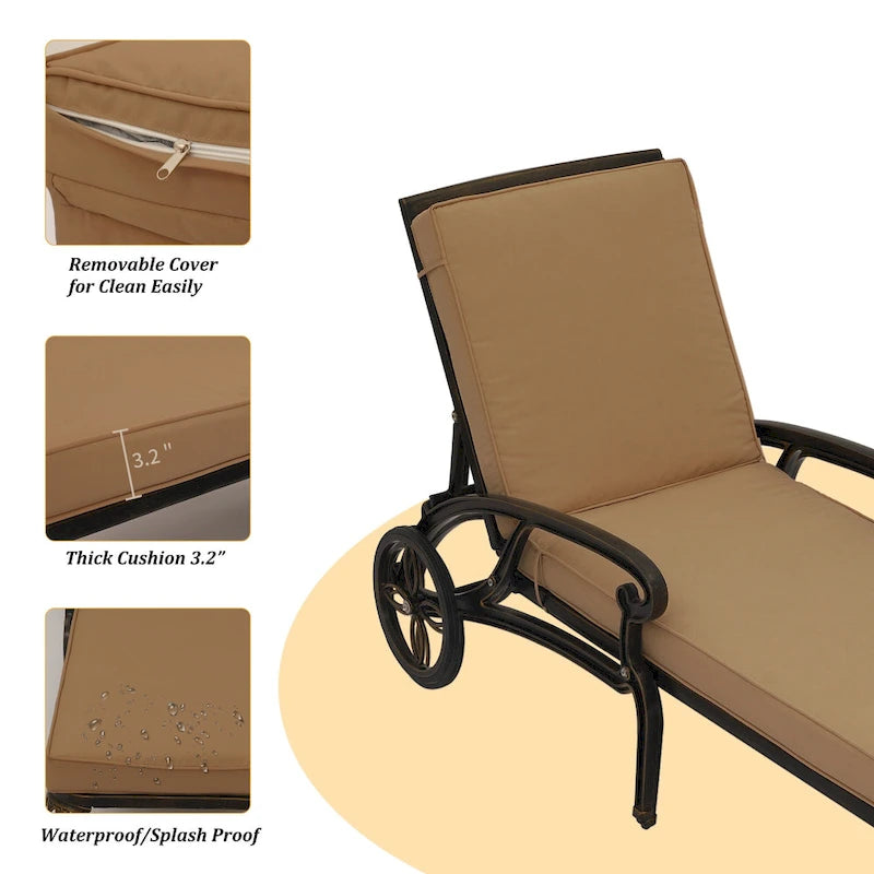 Clihome Cast Aluminum Patio Reclining Chaise Lounge with Brown Cushion