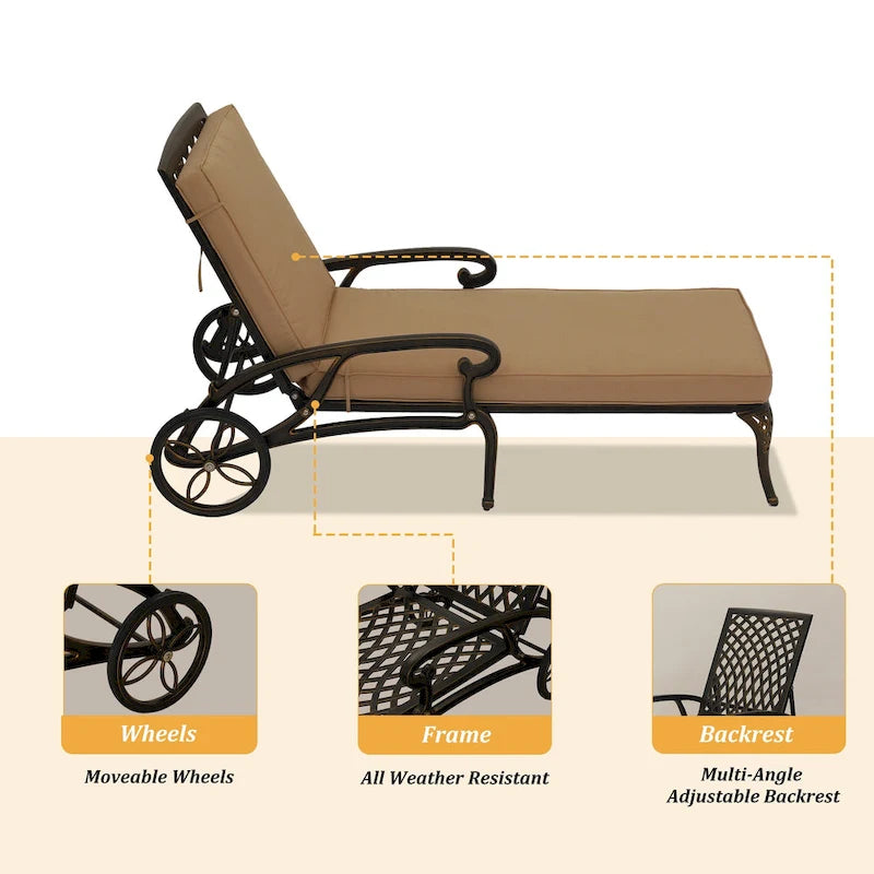 Clihome Cast Aluminum Patio Reclining Chaise Lounge with Brown Cushion