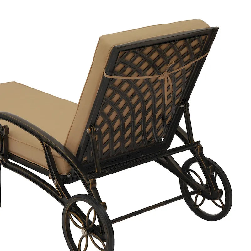 Clihome Cast Aluminum Patio Reclining Chaise Lounge with Brown Cushion