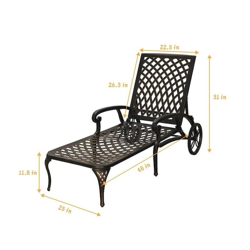 Clihome Cast Aluminum Patio Reclining Chaise Lounge with Brown Cushion