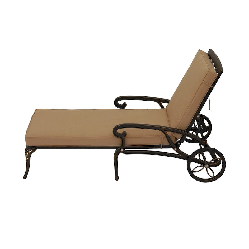 Clihome Cast Aluminum Patio Reclining Chaise Lounge with Brown Cushion