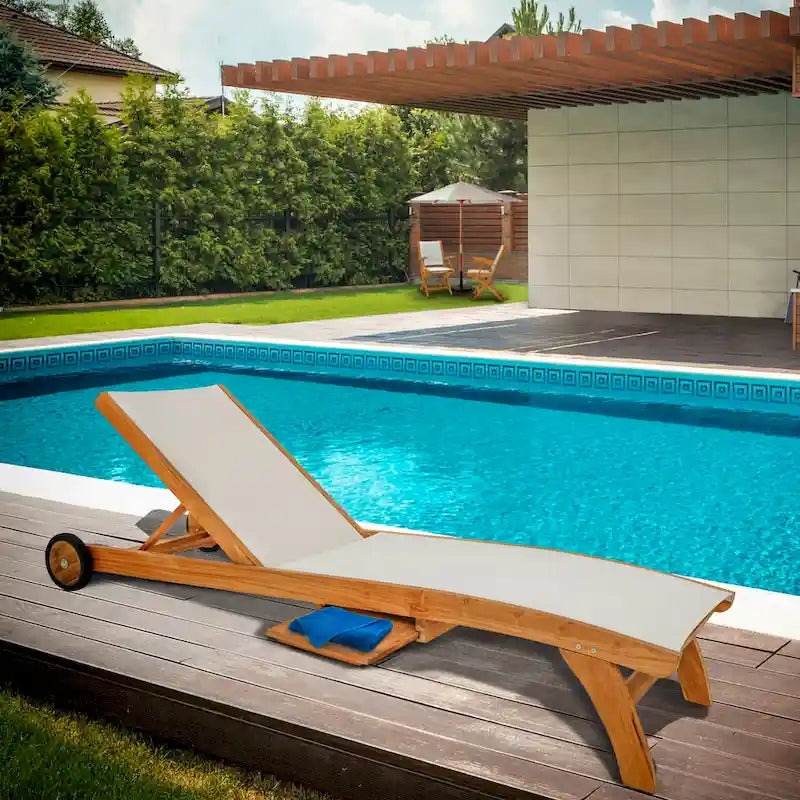 Chic Teak Bahama Teak Wood Pool Lounger With Batyline Mesh, White