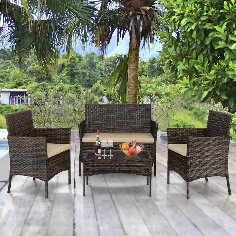 Outdoor 4-Piece Brown Wicker Rattan Conversation Set with Khaki Cushion