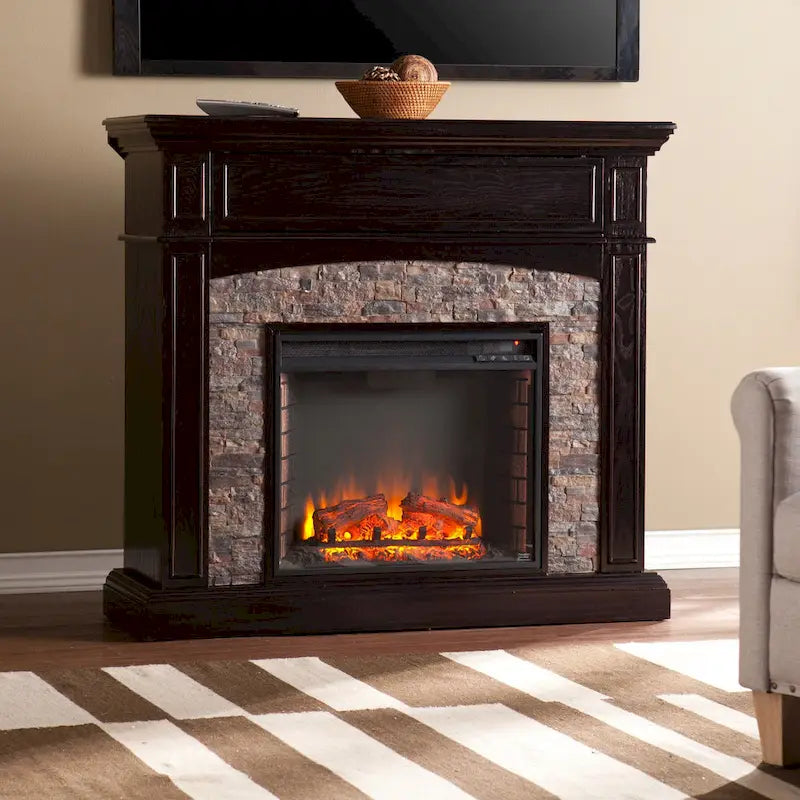 SEI Furniture Ebony Convertible Corner Electric Media Fireplace with Faux Stone Mantel