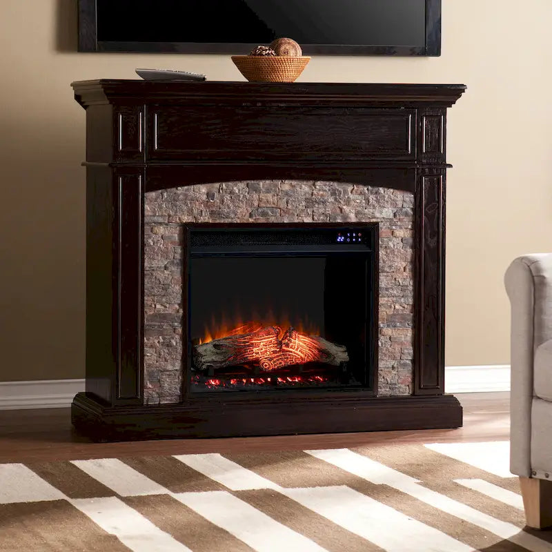 SEI Furniture Ebony Convertible Corner Electric Media Fireplace with Faux Stone Mantel