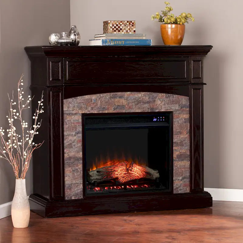 SEI Furniture Ebony Convertible Corner Electric Media Fireplace with Faux Stone Mantel