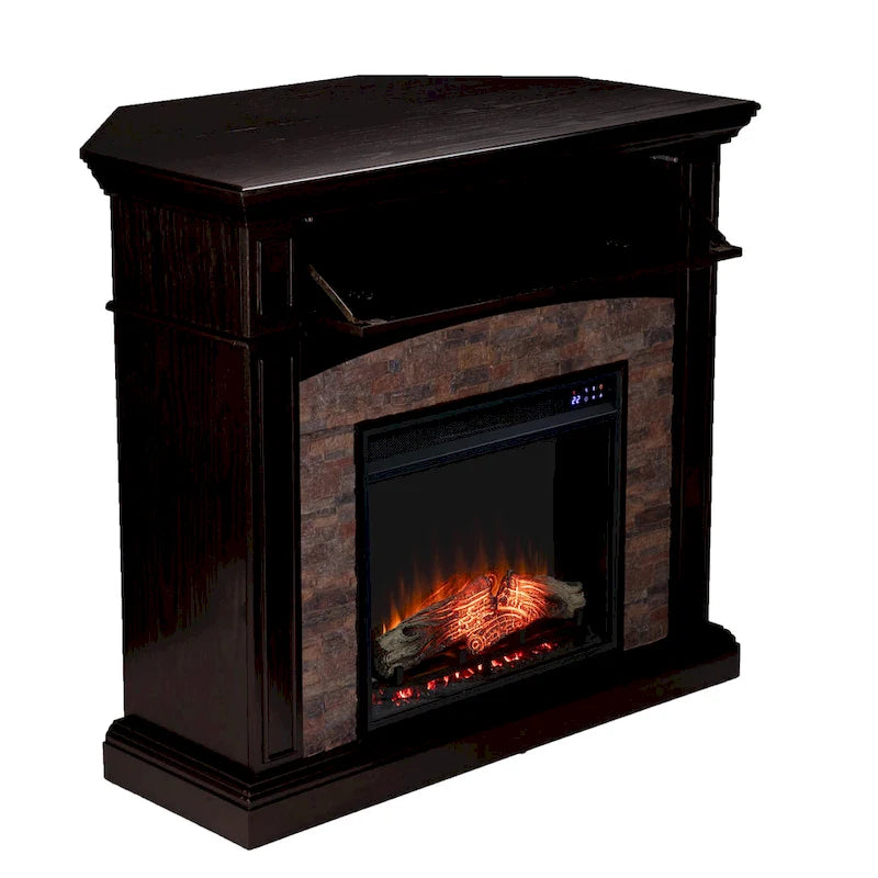 SEI Furniture Ebony Convertible Corner Electric Media Fireplace with Faux Stone Mantel