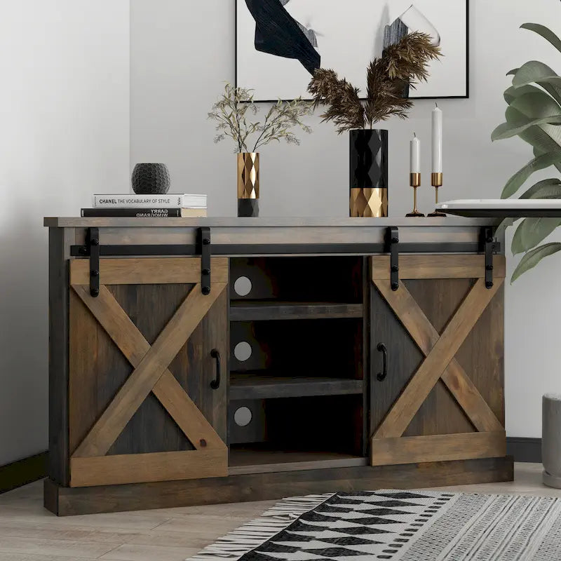 Meuble TV d'angle Bridgevine Home Farmhouse de 56 pouces pour téléviseurs jusqu'à 60 pouces, aucun assemblage requis, finition aspect bois de grange