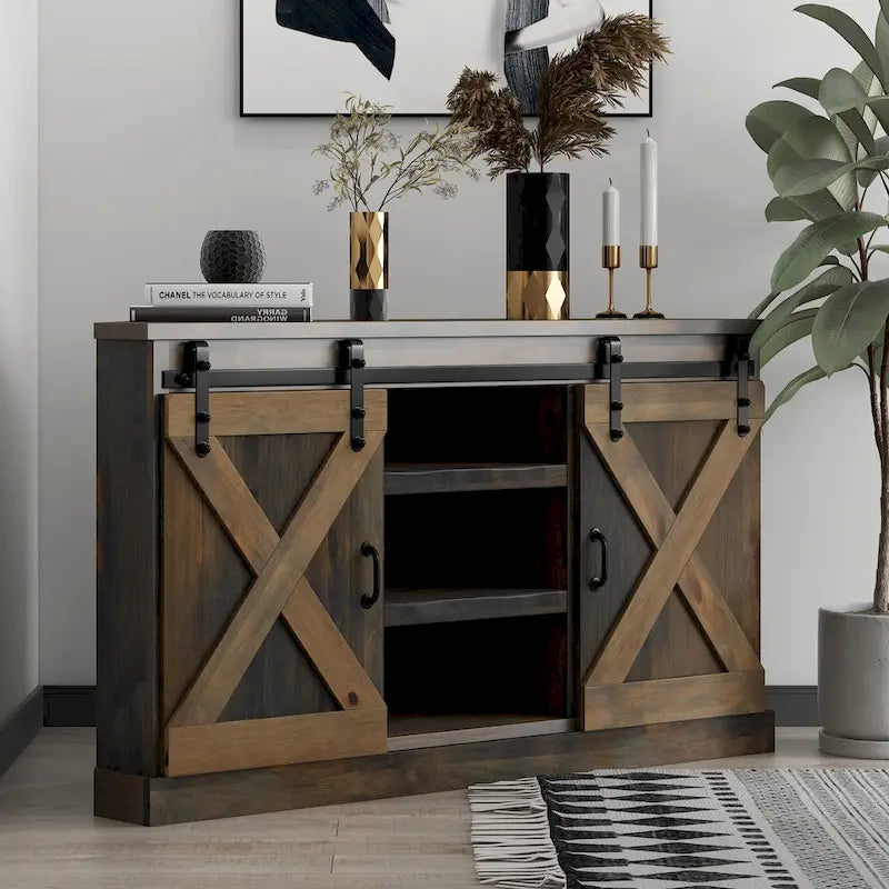 Meuble TV d'angle Bridgevine Home Farmhouse de 56 pouces pour téléviseurs jusqu'à 60 pouces, aucun assemblage requis, finition aspect bois de grange