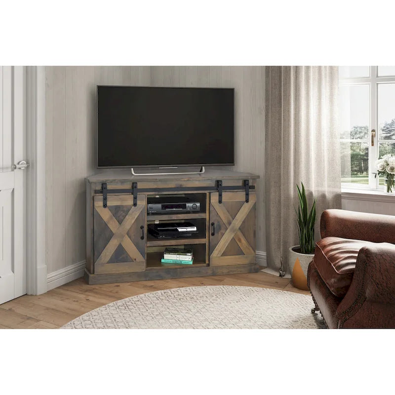 Meuble TV d'angle Bridgevine Home Farmhouse de 56 pouces pour téléviseurs jusqu'à 60 pouces, aucun assemblage requis, finition aspect bois de grange