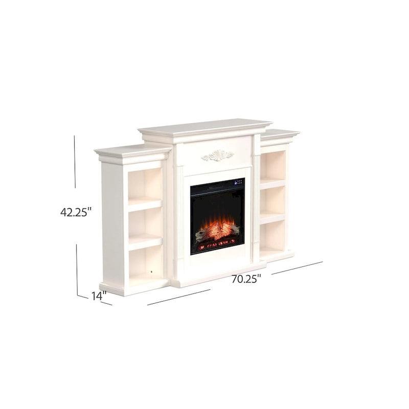 SEI Furniture Electric Fireplace 70-inch Mantel with Bookcase Storage, Ivory