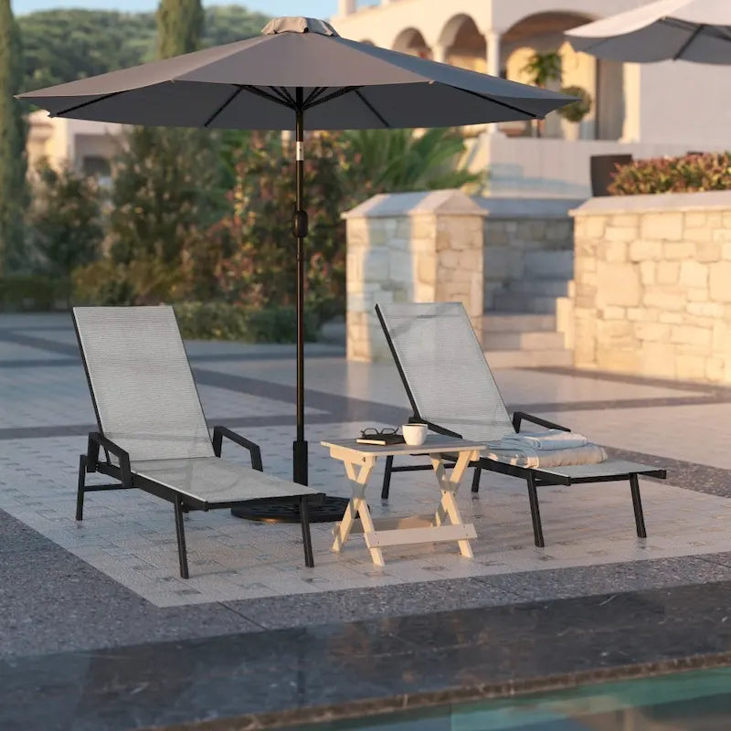 Chaise longue de jardin réglable en textilène toutes saisons avec accoudoirs