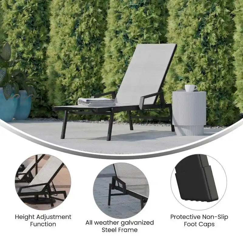 Chaise longue de jardin réglable en textilène toutes saisons avec accoudoirs
