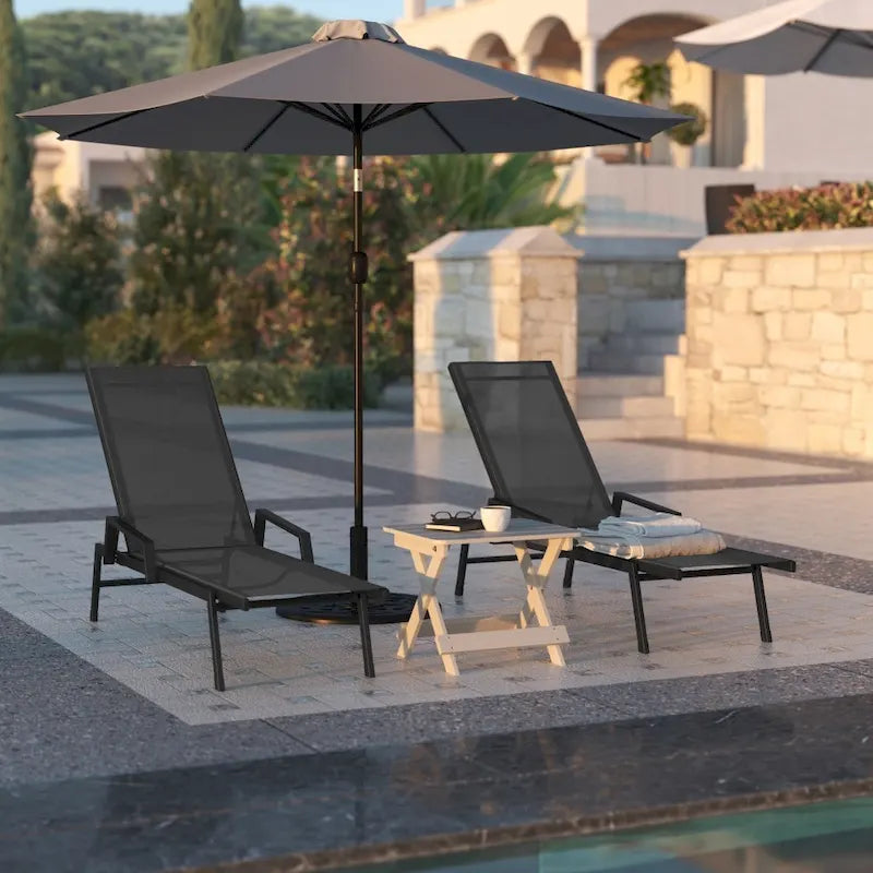 Chaise longue de jardin réglable en textilène toutes saisons avec accoudoirs