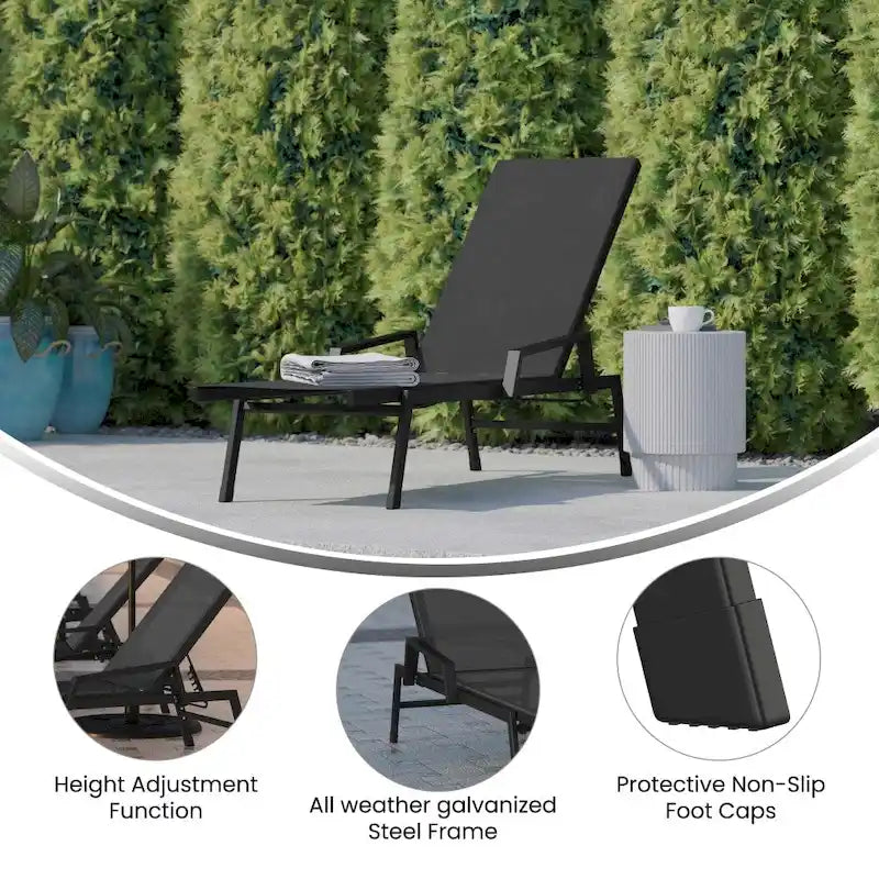 Chaise longue de jardin réglable en textilène toutes saisons avec accoudoirs