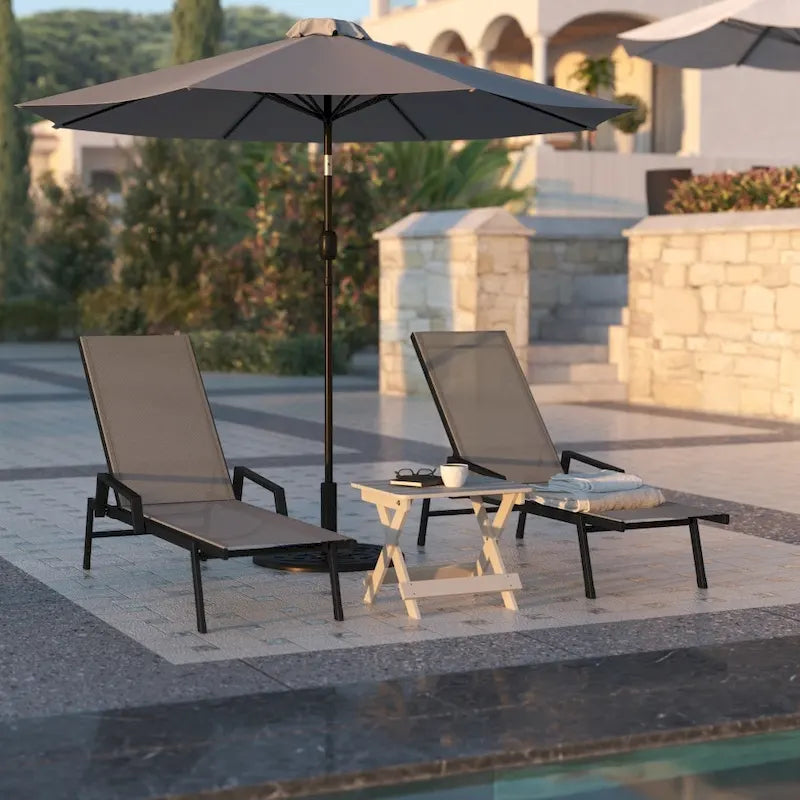 Chaise longue de jardin réglable en textilène toutes saisons avec accoudoirs