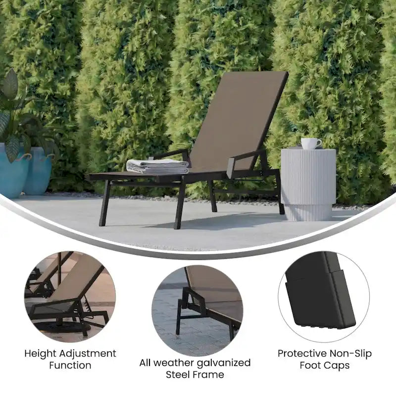 Chaise longue de jardin réglable en textilène toutes saisons avec accoudoirs