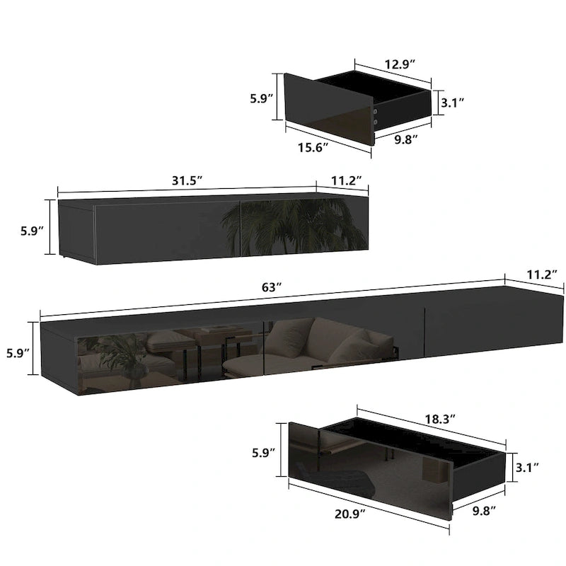 Meuble TV flottant LED Meuble de divertissement pour la maison et le bureau 2 pièces