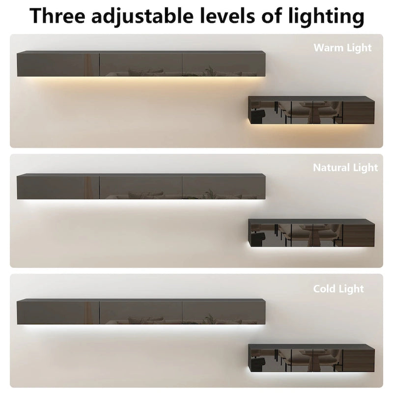 Meuble TV flottant LED Meuble de divertissement pour la maison et le bureau 2 pièces