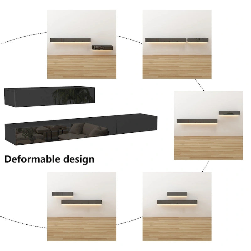 Meuble TV flottant LED Meuble de divertissement pour la maison et le bureau 2 pièces