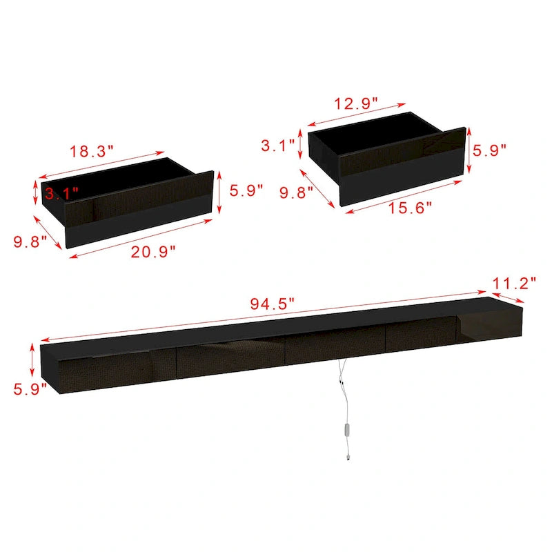 Meuble TV flottant LED Meuble de divertissement pour la maison et le bureau 2 pièces