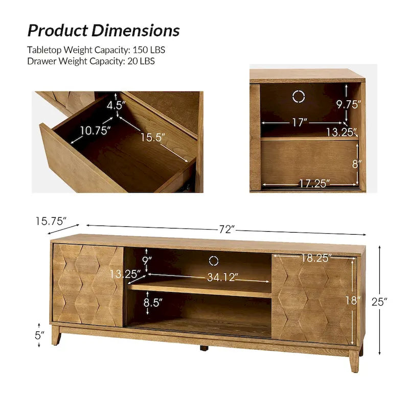 Meuble TV console moderne August avec 2 tiroirs et portes coulissantes pour TV jusqu'à 78 pouces par HULALA HOME