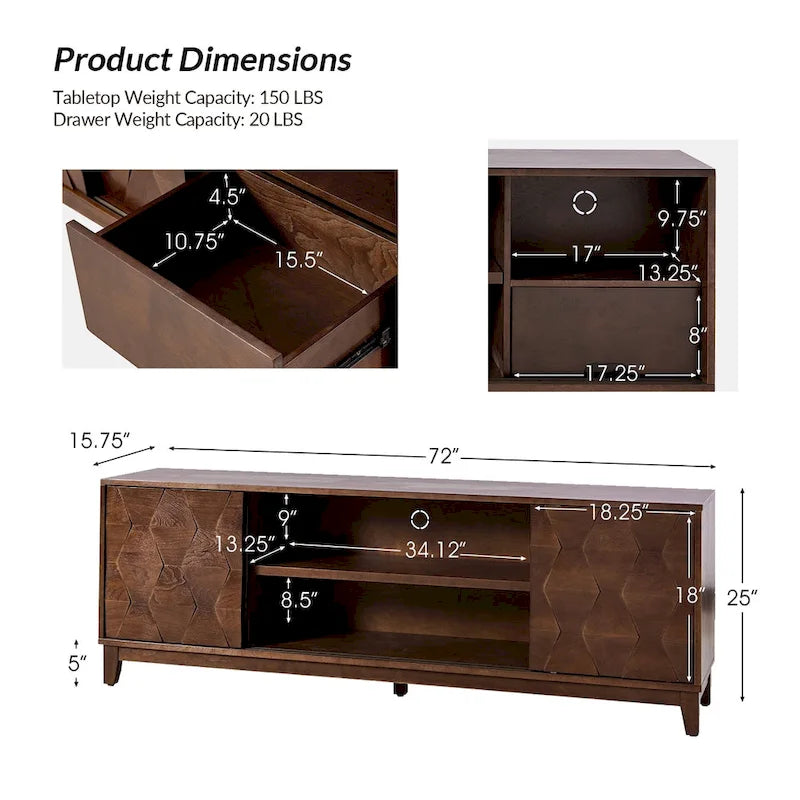Meuble TV console moderne August avec 2 tiroirs et portes coulissantes pour TV jusqu'à 78 pouces par HULALA HOME