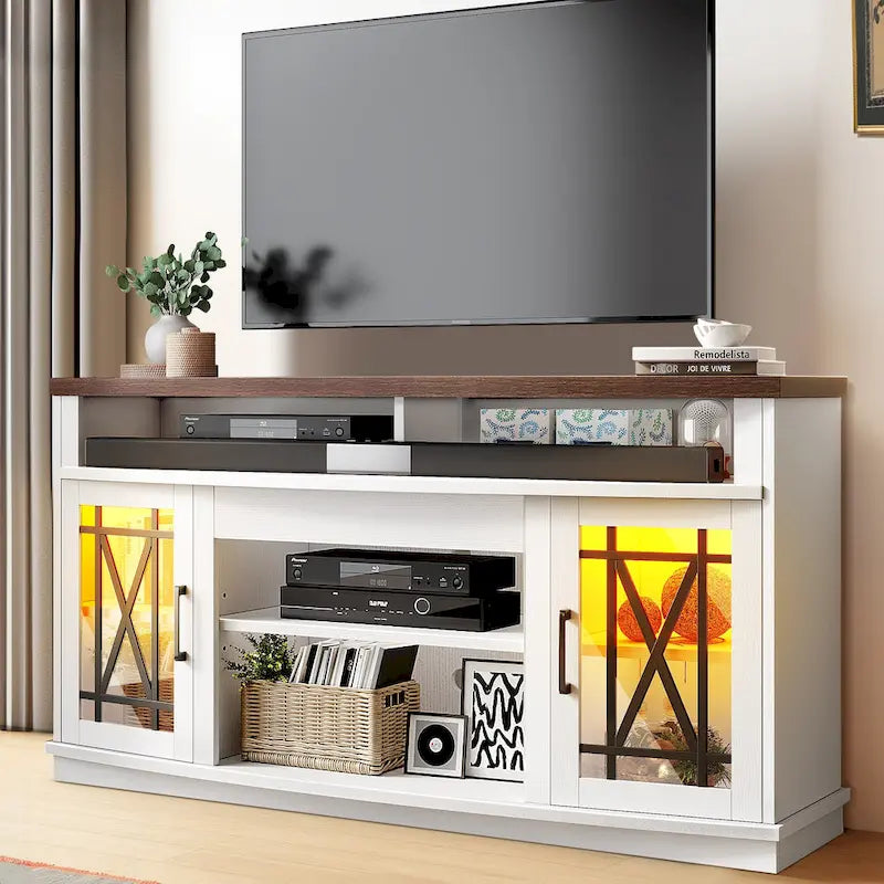 Moasis 59-inch Highboy 2-Door LED Lights TV Stand for TVs up to 70 Inches