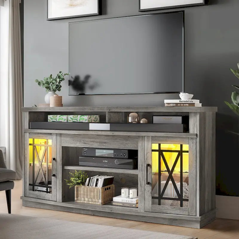 Moasis 59-inch Highboy 2-Door LED Lights TV Stand for TVs up to 70 Inches
