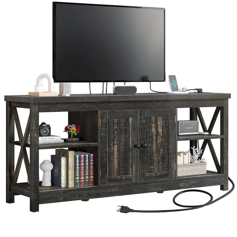 Meuble TV Moasis Farmhouse 59 avec étagères de rangement pour téléviseurs jusqu'à 65 pouces