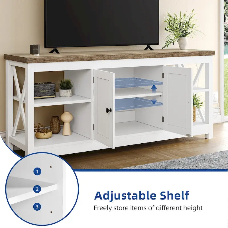 Meuble TV Moasis Farmhouse 59 avec étagères de rangement pour téléviseurs jusqu'à 65 pouces