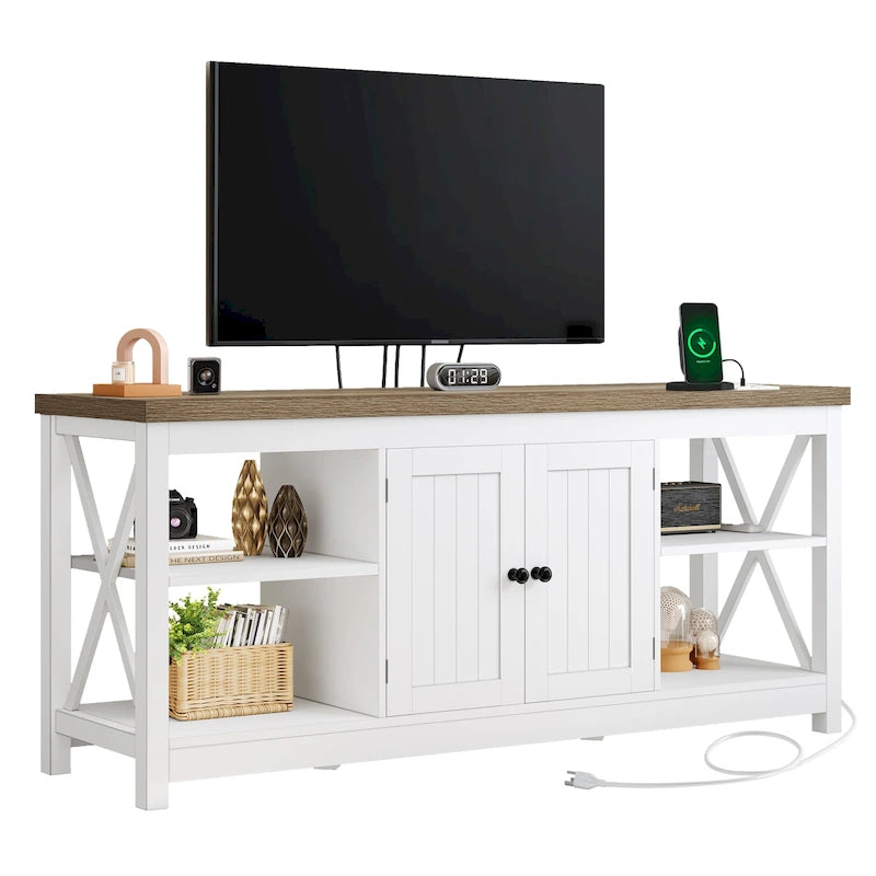 Meuble TV Moasis Farmhouse 59 avec étagères de rangement pour téléviseurs jusqu'à 65 pouces