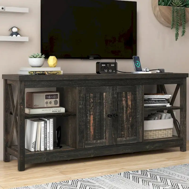 Meuble TV Moasis Farmhouse 59 avec étagères de rangement pour téléviseurs jusqu'à 65 pouces